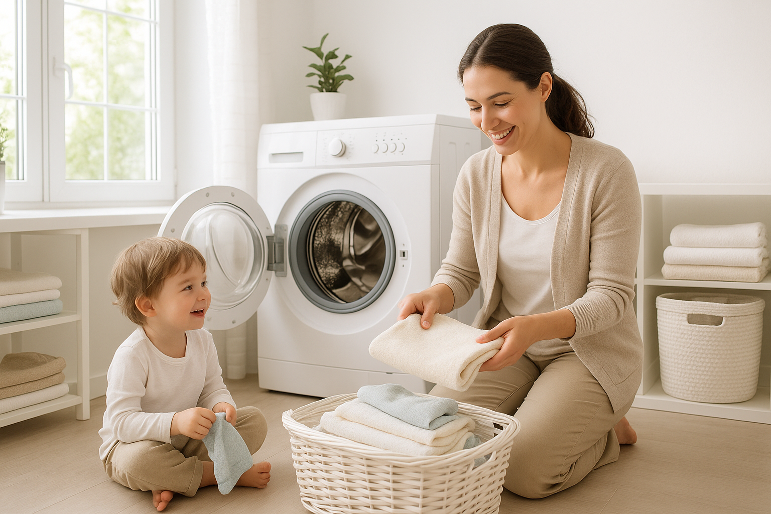 Mom doing laundry with a child nearby, bright clean tone